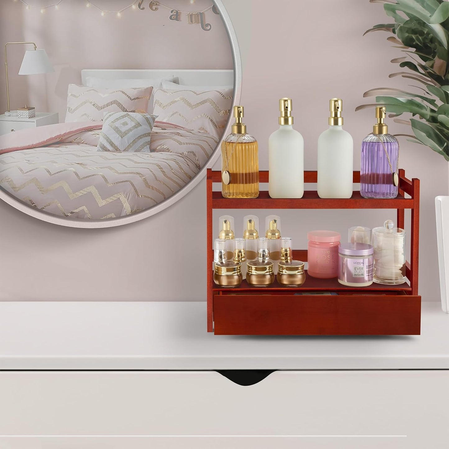 Sorbus Bamboo Bathroom Counter Organizer – 2-Tier Shelf with Hidden Drawer for Vanity, Matcha Station, Bathroom Sink Organizer Countertop, Kitchen & Office Storage (17″ L x 6.5″ W x 12.6″ H) (Brown)