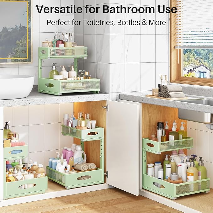 Under Sink Organizer, 2 Pack 2 Tier Pull Out Under Cabinet Organizer Shelf with Pad for Framed Cabinets, Metal Slide Out Under Sink Storage, Mesh Sliding Drawers for Kitchen Bathroom Laundry, Green - Image 9
