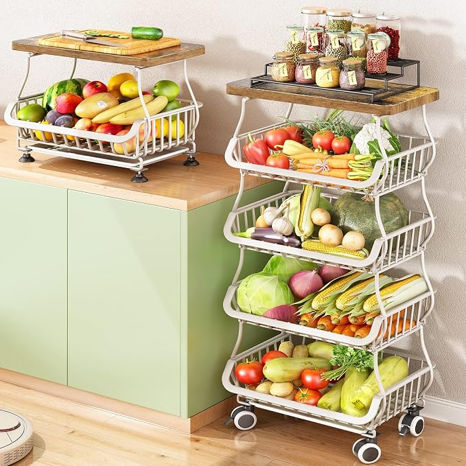 SAYZH 5-Tier Fruit and Vegetable Basket Stand for Kitchen, Wood Top, White | Stackable Vegetable Storage Baskets with Wheel, Metal Wire Storage Carts for Onion, Potato and Snacks - Image 7