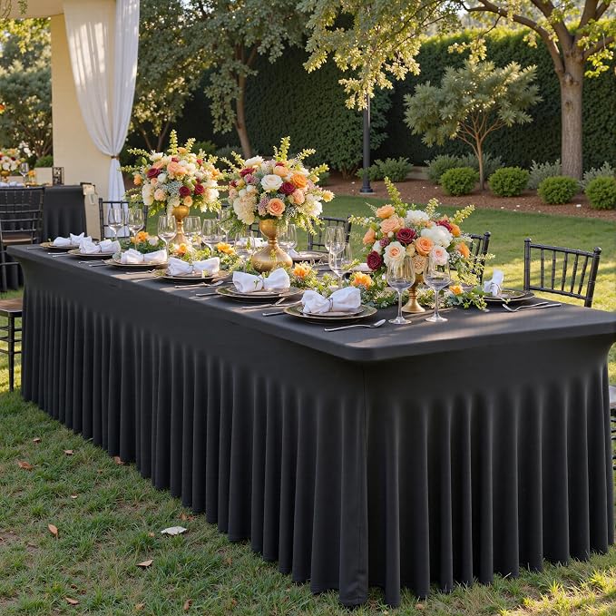 leegleri 4 Pack Black Spandex Table Cloths for 6 Foot Rectangle Tables, Wrinkle Free Stretch Fitted Tablecloths 6ft, Black Banquet Tablecloth with Skirt for Parties Weddings Birthday - Image 9
