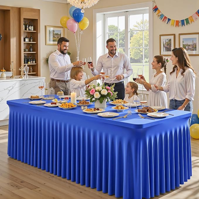 Wish Care 6 Pack Royal Blue Spandex Table Clothes for 8 Foot Rectangle Tables, 8FT Wrinkle Free Fitted Tablecloths Ruffles Design Table Cloth for Party, Banquet, Wedding and Events - Image 9