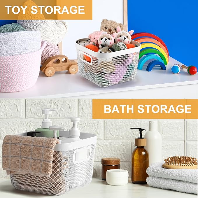 MorningRo 4 Pack Metal Mesh Basket with Hollow Handles White Wire Storage Bin for Organizing Stackable Metal Fine Mesh Basket for Pantry Bathroom Kitchen Cabinets Shelves (Medium and Large) - Image 6