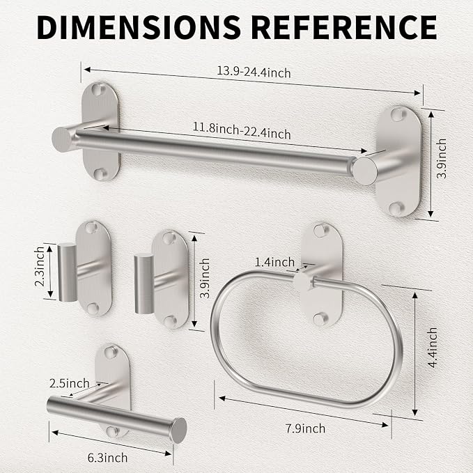 5-Piece Bathroom Hardware Set, Adhesive or Drill Wall Mount, Nickel - Image 7