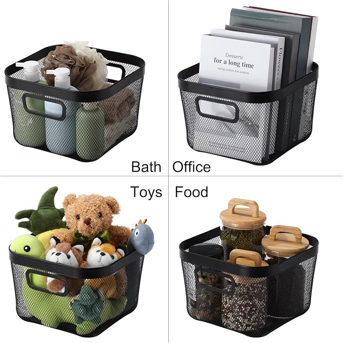 MorningRo 4 Pack Metal Mesh Basket with Hollow Handles Black Wire Storage Bin for Organizing Stackable Metal Fine Mesh Basket for Pantry Bathroom Kitchen Cabinets Shelves (Medium and Large) - Image 7