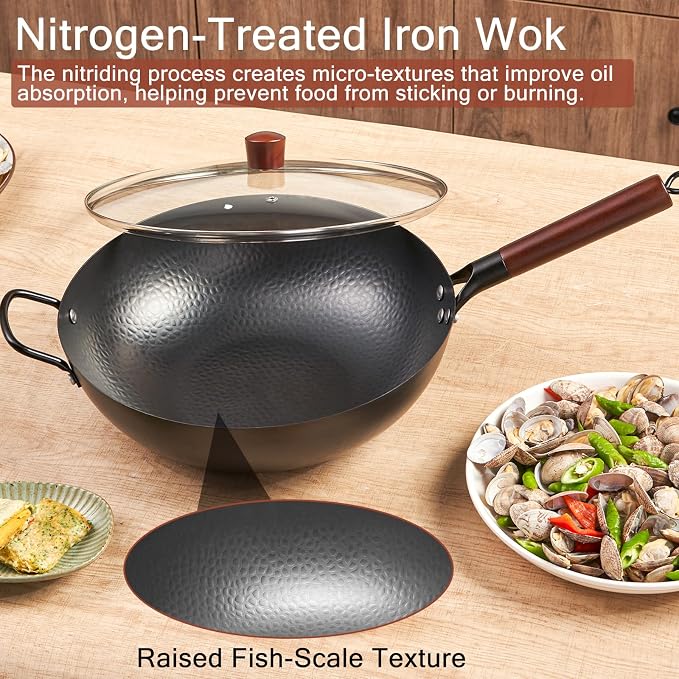 WANGYUANJI Carbon Steel Wok with Lid, 13.4" Hand Hammered Stir Fry Pan with Detachable Wooden Handle, Flat Bottom Wok Pan for Electric, Induction & Gas Stoves, No Coating (Black) - Image 9