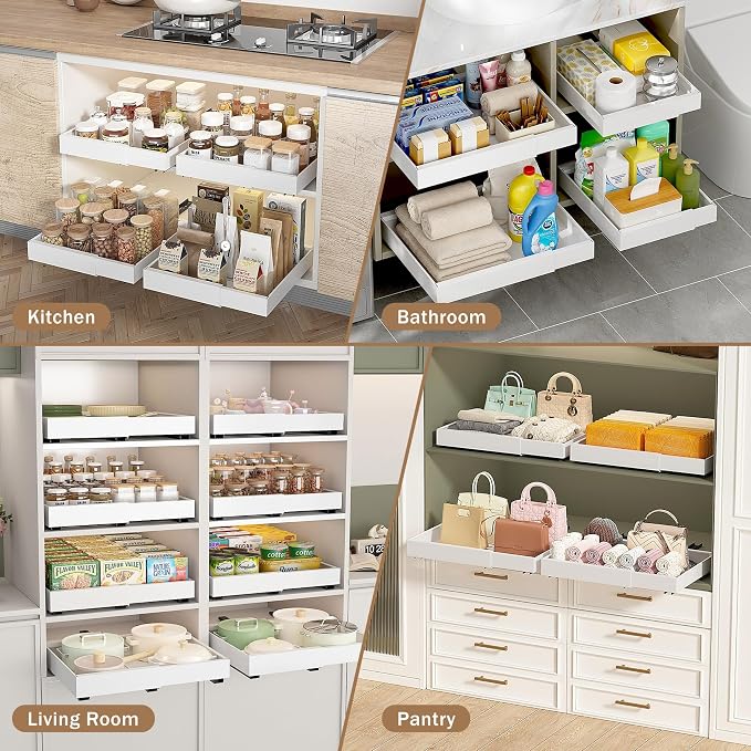 2 Pack Expandable (13.5''-21'') Pull Out Cabinet Organizer, 21" Deep Pull Out Drawers for Kitchen, Bathroom,Pantry, Under Sink Storage, Heavy Duty Slide Out Drawers Upgraded 3 Slide Rails (White) - Image 7