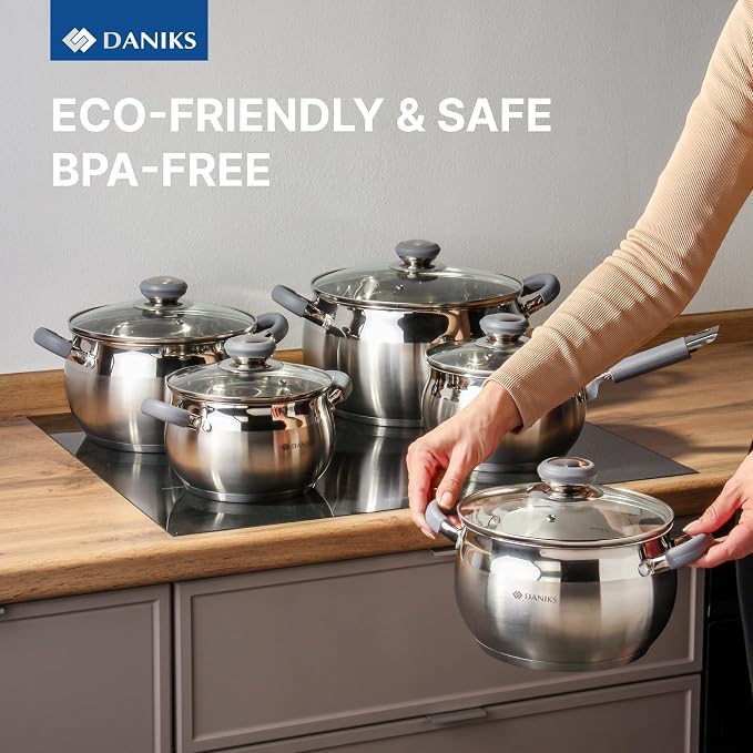 Daniks Modern 11-Piece Stainless Steel Cookware Set with Glass Lids, Includes Saucepan and Frying Pan with Lid, Tri-Ply Bases for Even Heating, Induction Compatible, Dishwasher Safe, Heatproof Handles - Image 9