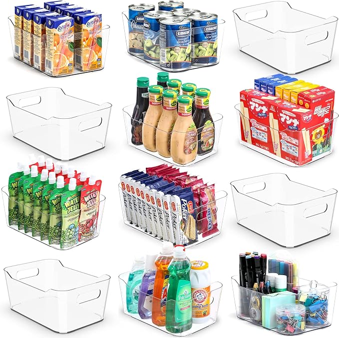 12 PACK Clear Plastic Storage Bins, Kitchen Cabinet Pantry Organizer Bins | Crystal-clear, Thicker, BPA Free, 12 Stickers - Multi-Use Containers for Home, Office, Shelf, Cupboard, Fridge Organization - Image 9