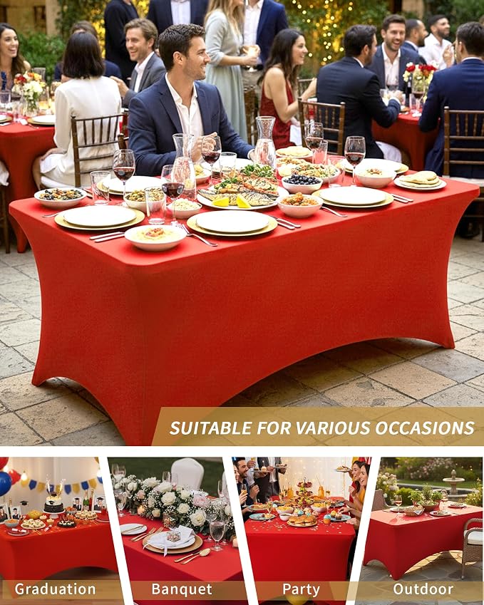 Fixwal 4 Pack 6FT Red Tablecloth Rectangle Spandex Fitted Table Cover - Image 7