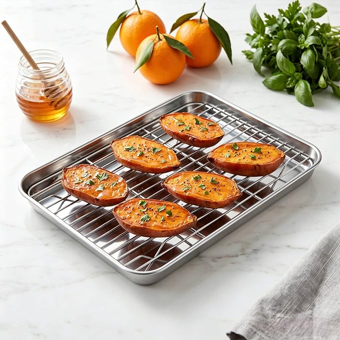 Homikit Mini Baking Sheet with Wire Rack for Toaster Oven (2 Pans+2 Racks) | 9x7 Inch Stainless Steel Baking Sheets with Cooling Racks Set, Small Cookie Pans Nonstick, Metal Bacon Tray, Dishwasher Safe - Image 9