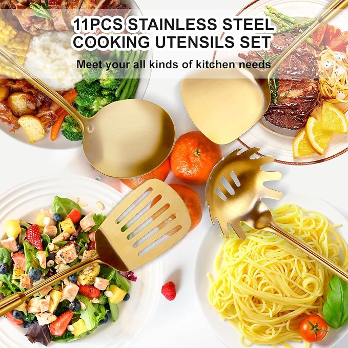 18/10 Gold Kitchen Utensils Set, 11 Pcs Long Stainless Steel Cooking Utensils Set, Metal Kitchen Utensils Set with Spatula, Spoon, Ladle, Skimmer, Dishwasher Safe - Image 8