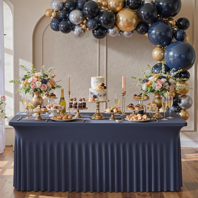 4 pk Navy Blue Spandex Tablecloth 6ft with Ruffled Skirt, Wrinkle Free High Stretch Fitted Tablecloths for 6 Foot Rectangle Tables, Elastic Navy Spandex Table Covers 6 ft for Graduation Wedding Party - Image 9