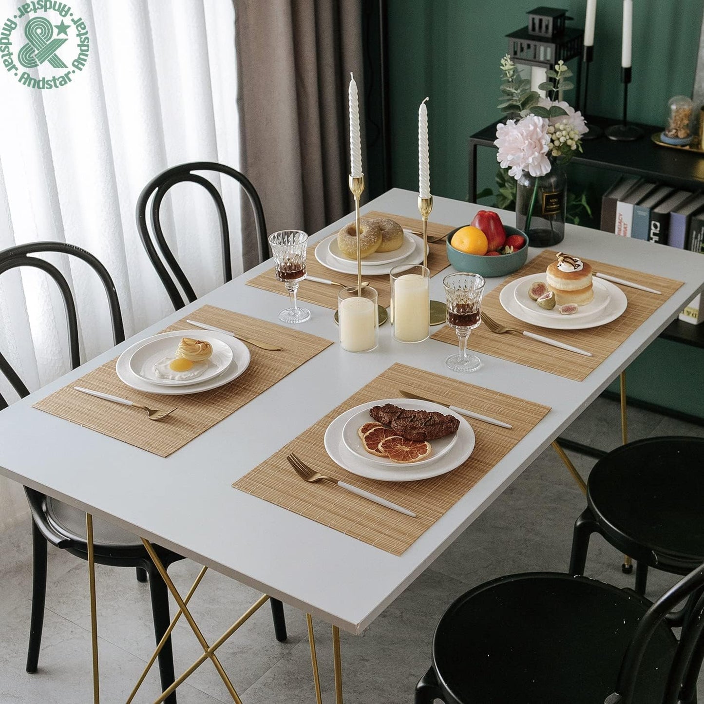 ANDSTAR Set of 4 Pcs Bamboo Placemats Sushi Rolling Mat Japanese Style Natural Anti-Slip Bamboo Placemats Washable Heat-Resistant Table Mats for Dining Room and Kitchen(Brown)