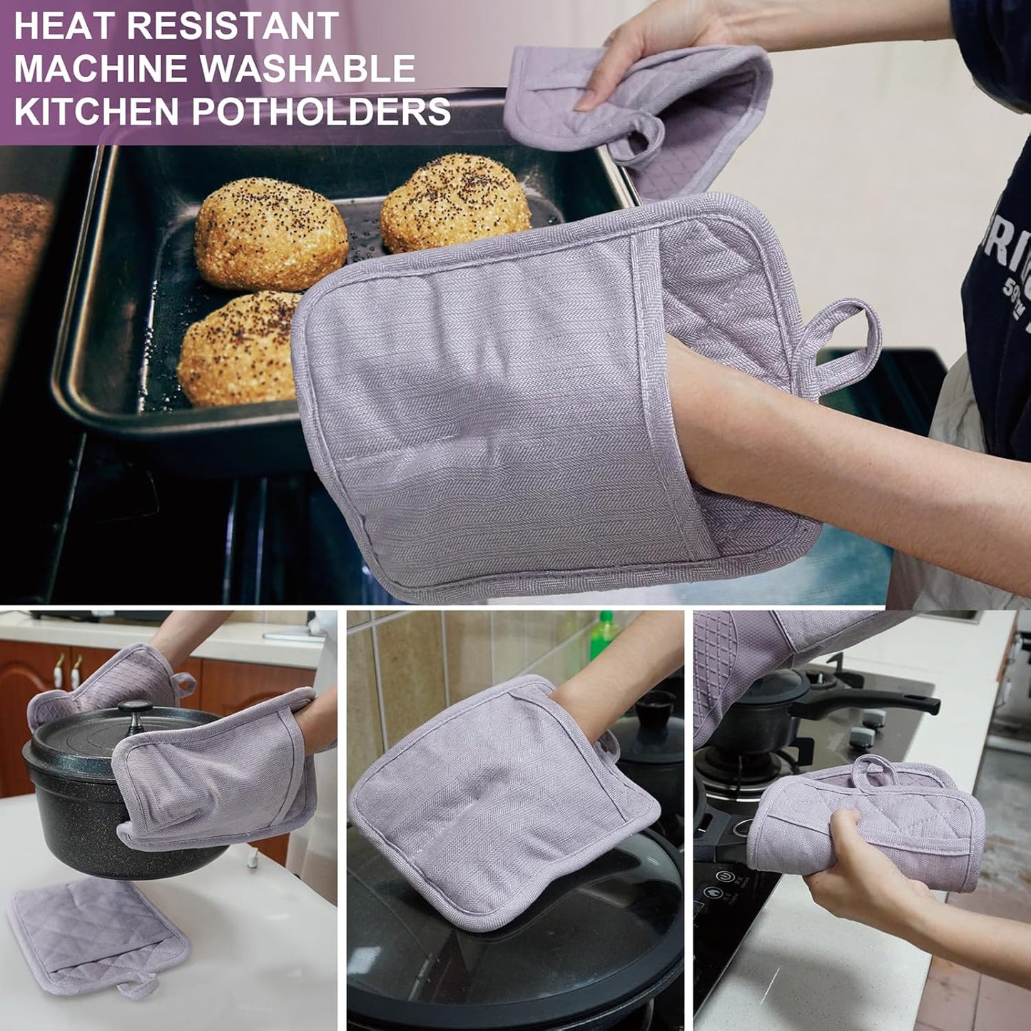 Pot Holders Yarn-Dyed Set of 3 Non Slip Silicone Kitchen Lines Heat Resistant 500℉ Kitchen Gloves BBQ Cooking Baking Cooking Barbecue Microwave Machine Washable (Purple Pot Holders)
