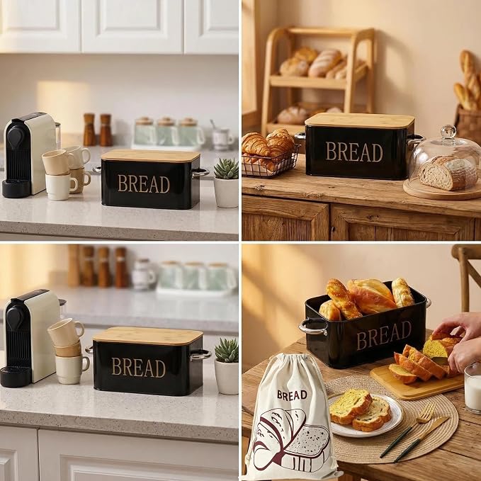 Metal Bread Box with Bamboo Cutting Board Lid, Storage Container for Kitchen Counter, Large Capacity Breadbox, Vintage Kitchen Decor (Black) - Image 6