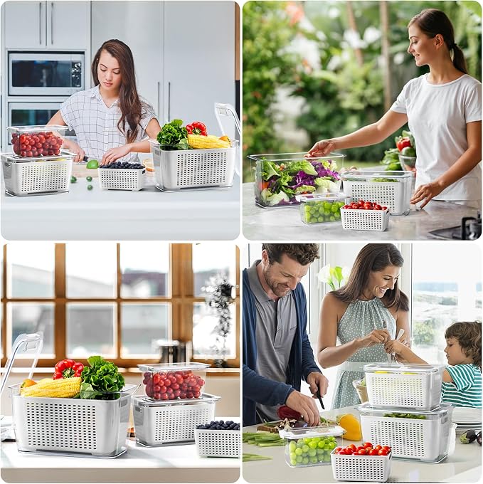 LUXEAR 4 Pack Fruit Vegetable Containers for Fridge, Produce Saver Container with Lids &Removable Colander BPA-free Refrigerator Storage Organizer for Fruit Vegetable, Berry, Meat keep Fresh Longer | BPA Free with Removable Colanders Leak-proof Fridge ... - Image 9