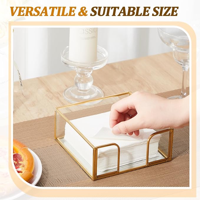 LemonRoad 1 Pcs Square Gold Napkin Holder for Table 5.7 x 5.7 Inch Decorative Cocktail Napkin Holder Glass Flat Paper Basket for Kitchen Dining Buffet Bar Counter Wedding Party Restaurant Bar Hotel - Image 6