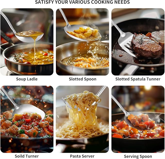 304 Stainless Steel Cooking Utensil,Kitchen Kitchen Utensil with Spatula, Solid Spoon, Ladle, Skimmer, Spaghetti Spoon, 6 Piece Set, Dishwasher Safe - Image 6