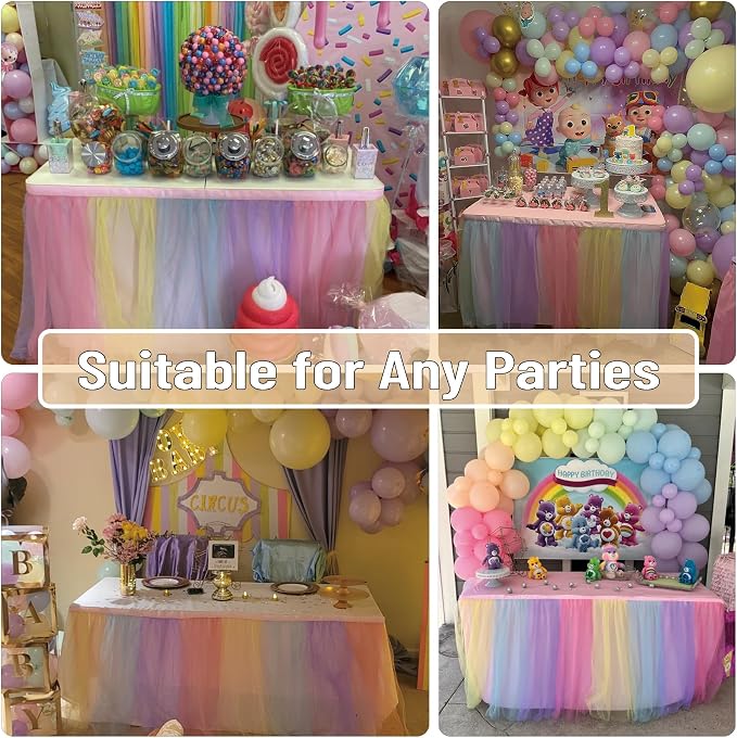 72in Rainbow Tulle Table Skirts for Rectangle Tables 6/4ft, 2-Layer Pastel Color Unicorn Ruffle Tulle Tutu Cloth Table Skirt 6ft for Girl Birthday Party Baby Shower Cake Dessert(No Table Cover) - Image 7