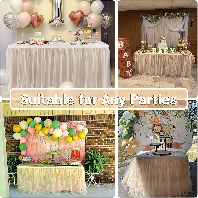 167in Champagne Gold Tulle Table Skirts for Rectangle Tables 8/6ft, 2-Layer Gold Grim Ruffle Tutu Cloth Table Skirt 14ft Decor Wedding Party Birthday Baby Shower Dessert Table(No Table Cover) - Image 7