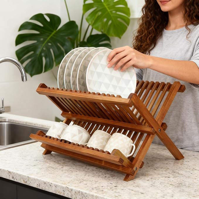Utoplike Teak Wood Dish Drying Rack, Foldable Plate Organizer Countertop - Image 7