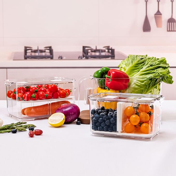 elabo Fridge Fruit Storage Containers, 2Pc Veggies Produce Saver Organizer | BPA-Free & Food Grade Containers, Keep Berries and Veggies Fresh, Large Capacity with Removable Drain Tray - Image 6