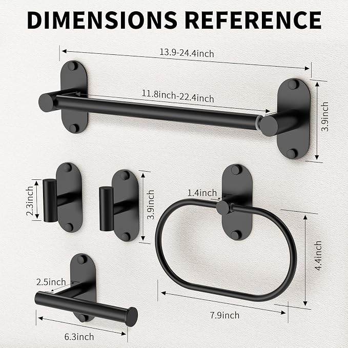 5-Piece Bathroom Hardware Set, Adhesive or Drill Wall Mount, Black - Image 7