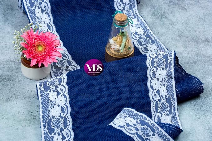 VDS Pack of 15, Burlap Table Runner with White Lace Edge, 100% Natural Jute Rustic Hessian Table Cloth Centerpiece for Wedding Birthday Party Banquet Table Decoration (Size 12X108 Inch)(Royal Blue) - Image 6