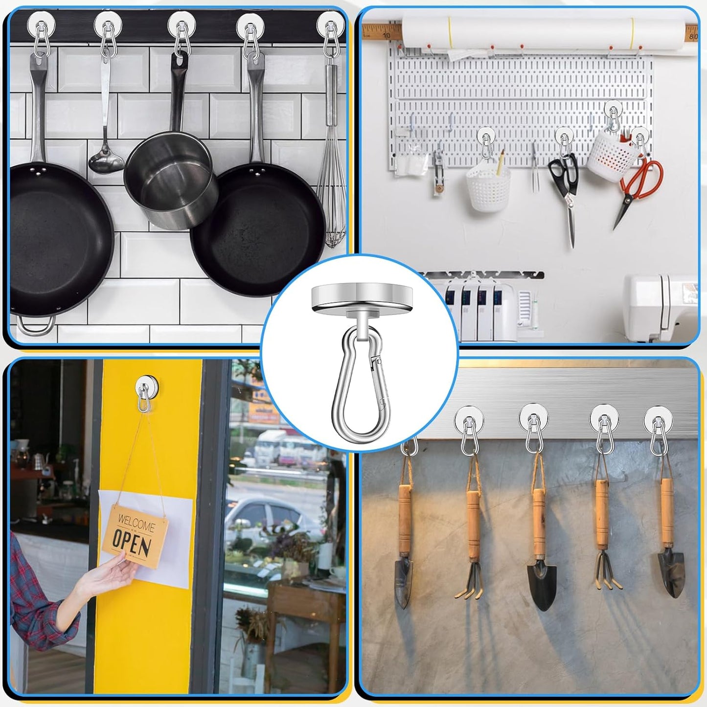 Magnetic Hooks Heavy Duty 150Lbs, 4 Pack Super Strong Magnetic Hooks with Swivel Carabiner for Cruise, Black Neodymium Magnet Hooks Magnetic Wall Hanger for Hanging, Toolbox, Grill, Cabins