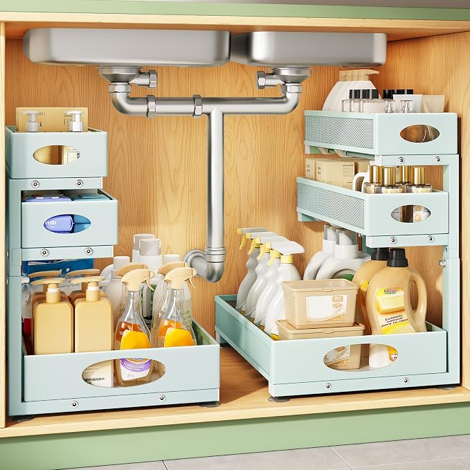 Kitstorack Under Sink Organizer 3-Tier Slide Out Drawer 2-Pack LightBlue by Kitstorack