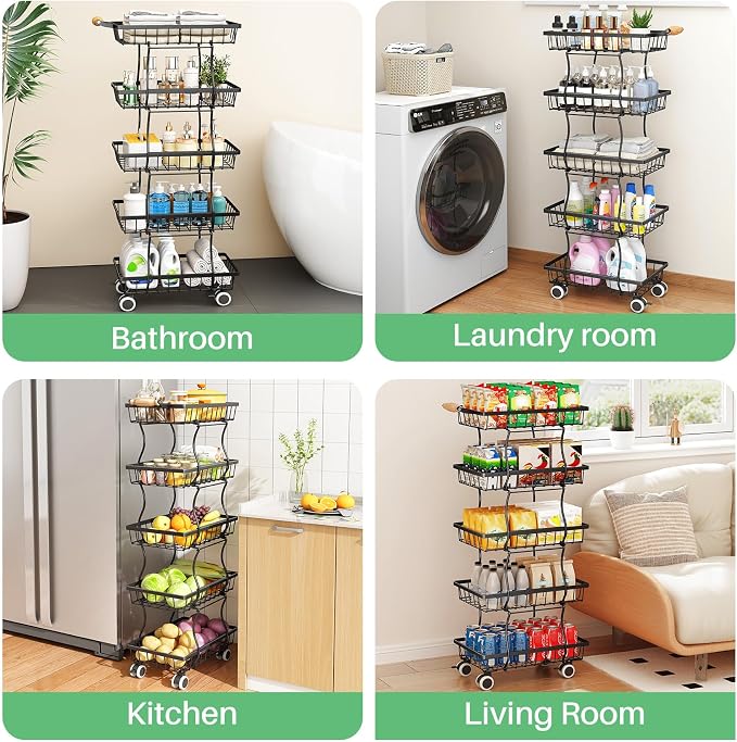 SAYZH 5-Tier Fruit Basket Stand with Vegetable Baskets for Kitchen, Black | Stackable Metal Wire Basket, Sturdy Rolling Storage Carts for Kitchen, Pantry Organizer, Snack and Jar Storage - Image 8