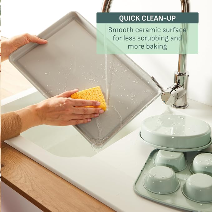 T-fal Refresh Ceramic Nonstick Baking Pans Set (5 Pieces), Roaster, 6-Cup for Muffins, Loaf, Square Baking Sheets Non Stick, Stackable Bakeware Sets, Mint Green - Image 7