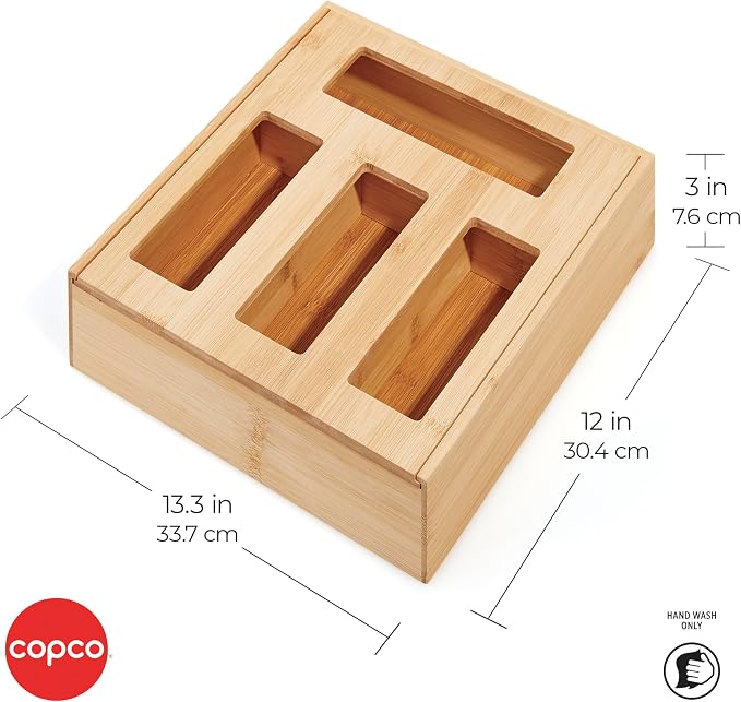 Copco Bamboo Storage Bag Organizer with Labels - 4-Compartment Kitchen Drawer or Wall Mount Holder for Gallon, Quart, Sandwich and Snack Bags, 13 x 12 x 3 Inches - Image 6