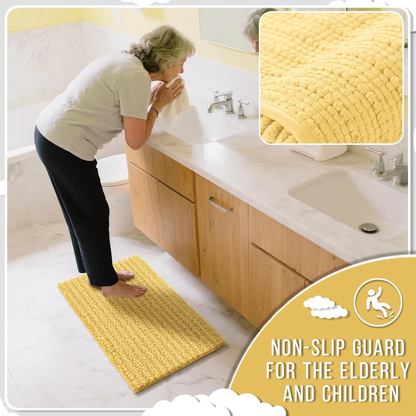 Yimobra Bathroom Runner Rug 55x24 Inch - Extra Long Non Slip Chenille Bath Mat, Soft & Absorbent, Machine Washable Shaggy Hallway Carpet for Vanity Tub Shower, Yellow Home Decor Accessories