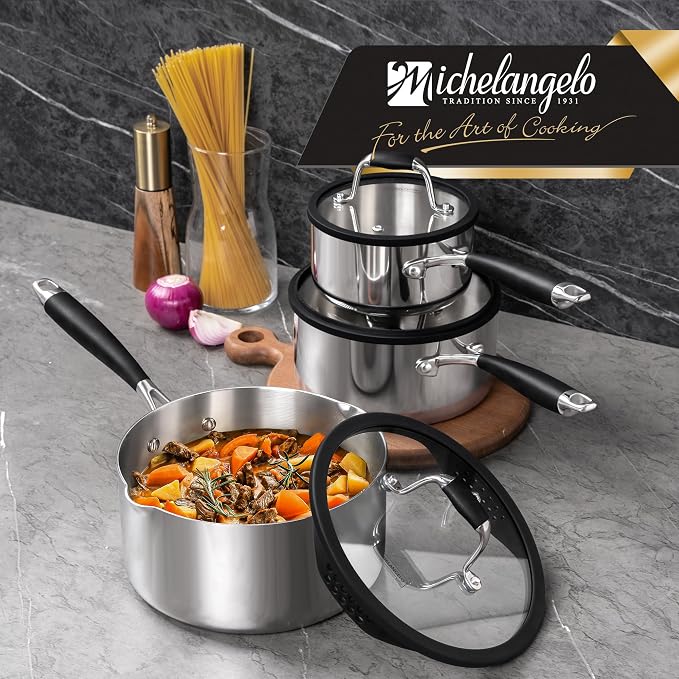 MICHELANGELO Triply Stainless Steel Saucepan Set with Strainer Lid, Heavy-duty Sauce Pan with Lid, Multipurpose Sauce Pot Induction Compatible - 1QT & 2QT & 3QT - Image 8