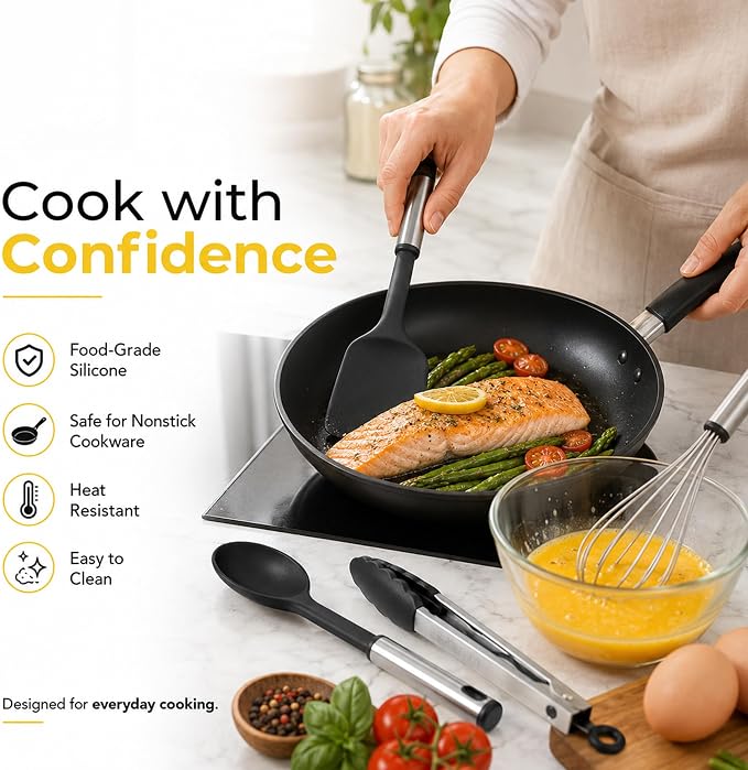 Kitchen Utensils Set – 19 PCS Black Nylon Stainless Steel Cooking Utensils (Holder not Included), Non-Stick Safe, Dishwasher Safe, Heat Resistant Kitchen Tools – Ideal for New Home, Apartment, or Gift - Image 7