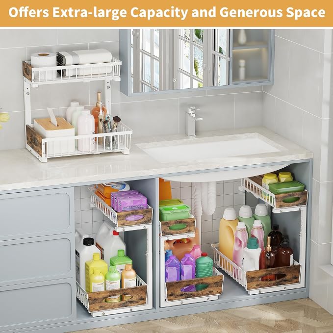 2 Pack Metal Under Sink Organizer with Sliding Drawer, White - Image 9