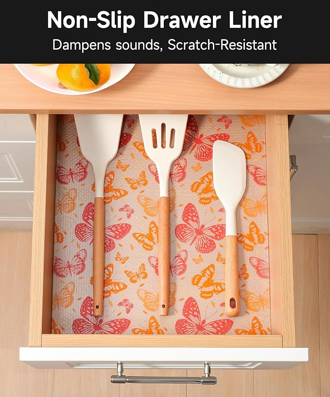 Cooyes Drawer & Shelf Liner for Kitchen Cabinets Non-Adhesive Waterproof Oilproof Reusable Washable Shelf Paper for Refrigerator, Cupboard, Dresser, Easy to Cut (Red Butterfly, 17.5" W x 78.7" L) - Image 9