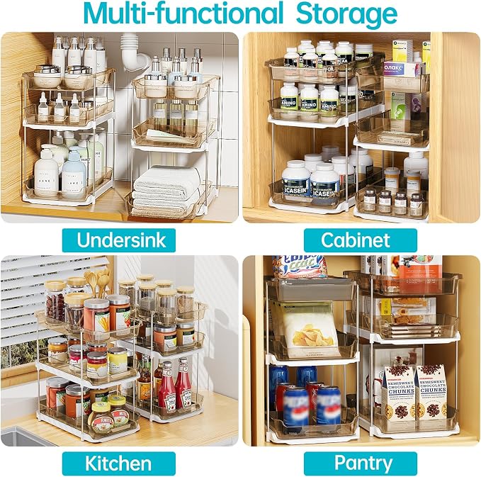Delamu 2 Pack 3-Tier Bathroom Under Sink Organizers and Storage, Multi-Purpose Stackable Pantry Organization and Storage, Pull Out Clear Kitchen Bathroom Cabinet Organizer with Movable Dividers, Amber - Image 8