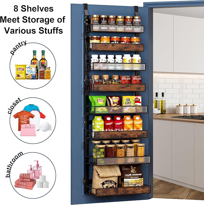 8 Tier Pantry Door Organizer Spice Rack, 2-IN-1 Wall Mount or Hanging Over Door Seasoning Organizer with Adjustable Baskets, Heavy Duty Behind Door Storage Shelves for Pantry, Cabinet and Kitchen - Image 7