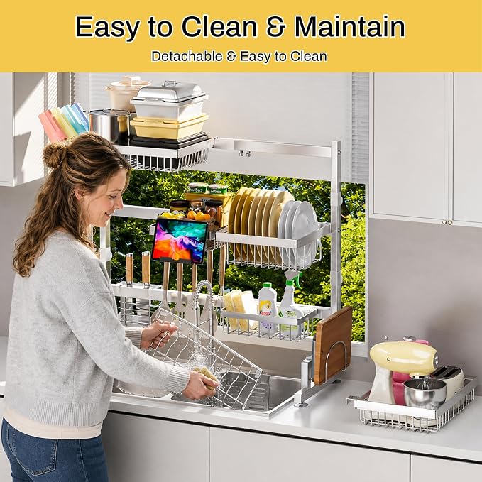 ADBIU Luxurious 304 Stainless Steel Over Sink Dish Drying Rack (Suitable for Sink Length 26.3"- 37.4") Snap-On Design 2 Tier Large Kitchen Dish Rack Stainless Steel Counter Organization and Storage - Image 7