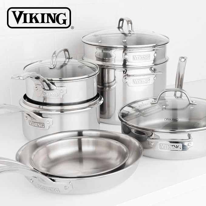 Viking Artisan 3-Ply Stainless Steel 11-Piece Cookware Set with Vented Glass Lids, Fry Pans, Saucepans, Saute Pan, Stock Pot with Strainer Insert, Oven Safe up to 600F - Image 6