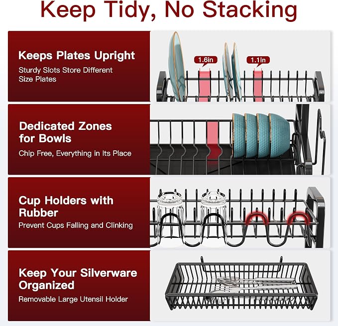 BOOSINY 2 Tier Black Stainless Steel Dish Drying Rack for Kitchen Counter - Image 9