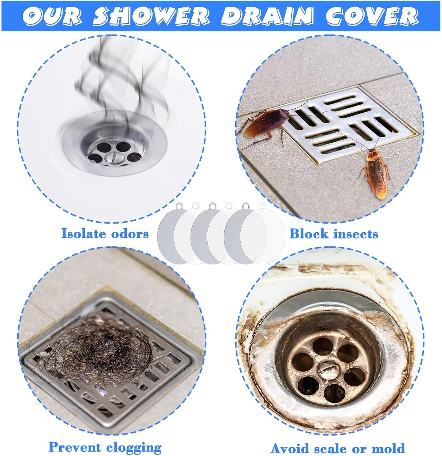 Yinkin 6 Pcs Drain Covers to Keep Bugs Out Silicone Shower Floor Tub Stoppers Bathtub Drain Stoppers Sewer Anti-Odor Mats Deodorizing Plugs for Bathroom(6 x 6 Inch,Round,Grey and White)