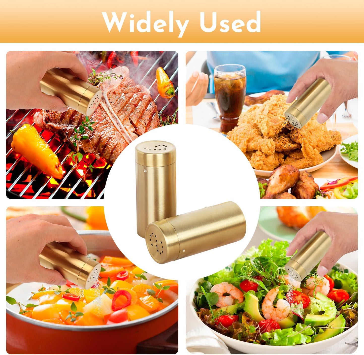 2Pcs Gold Spice Jars P/S Hole Condiment Jar Stainless Steel Seasoning Jar Bottle for Sugar, Salt, Pepper,Spices, for Home Kitchen, Dining Room(3.4×1.5in)