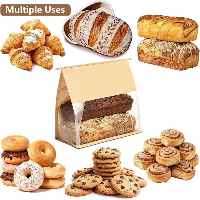 100 Pack Large Paper Bread Bags for Homemade Bread Sourdough Sandwich, 10.5x10.6x6.1 Inch Resealable Tin Tie Tab Lock Bread Loaf Bakery Bag with Window, Baked Goods Packaging for Gifting and Bake Sale - Image 6