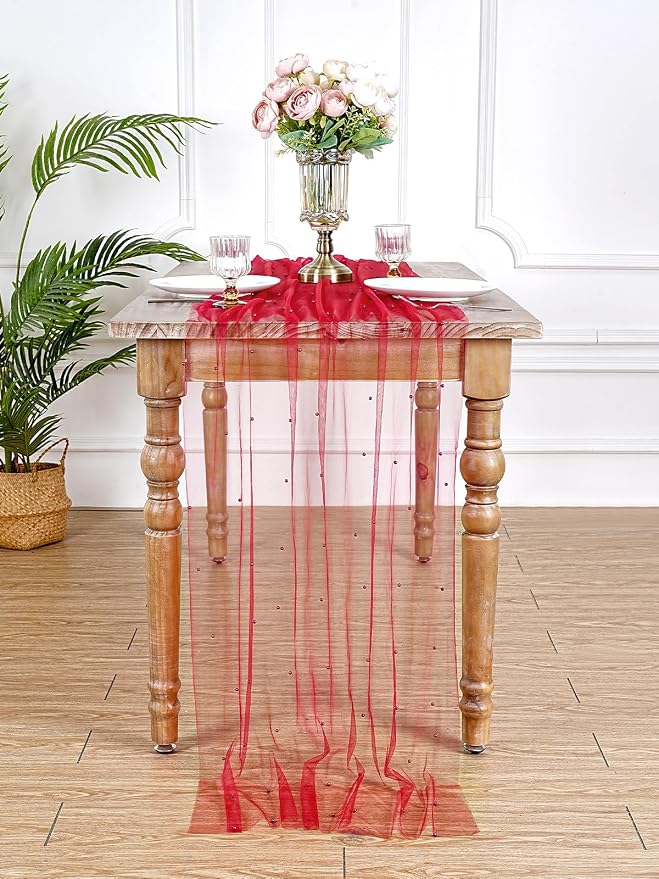 Pearl Tulle Table Runner Fabric Red 10ft Valentines Veil Dessert Overlay - Image 8