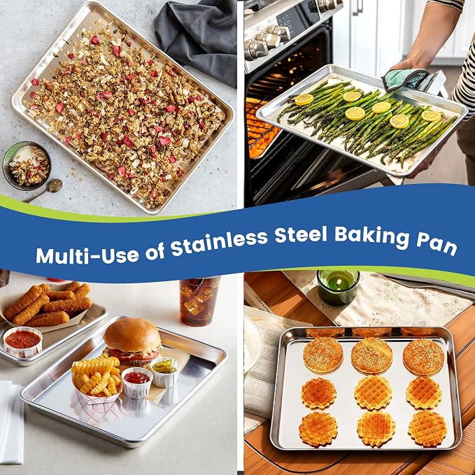 BIEAMA 6 Pack Stainless Steel Toaster Oven Baking Sheets, 12.5 x 9.6 in | Stainless steel pans with no chemical coating, mirror-polished finish and rolled edges; dishwasher safe, oven safe to 500°F. - Image 9