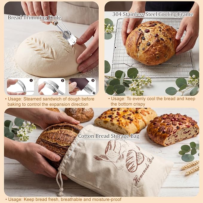 Sourdough Starter Kit with 9" Round & 10" Oval Bread Proofing Baskets | Pure Natural Indonesian Rattan Material and a Complete Set of Homemade Bread Baking Tools suitable for Beginners - Image 7