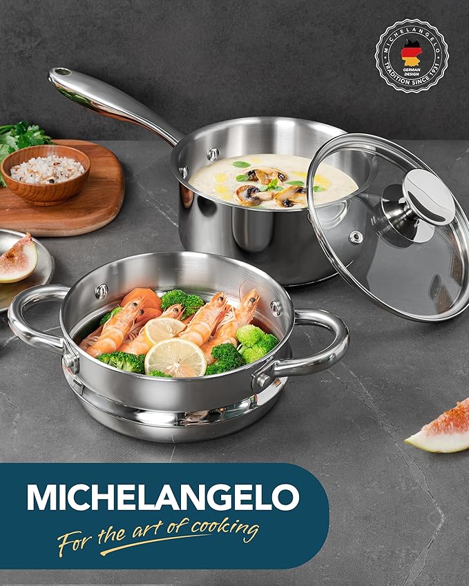 MICHELANGELO 1.5 Quart Saucepan with Steamer, Stainless Steel Saucepan with Lid, Triply Bottom Induction Compatible, Multipurpose Sauce Pot, Dishwasher Safe - Image 7